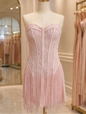 Bachelorette Wedding Party Light Pink Pearl Boned Beaded Tassel Mini Dress